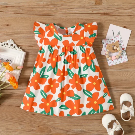 100% Cotton Baby Girl All Over Floral Print Flutter-sleeve Loose-fit Dress