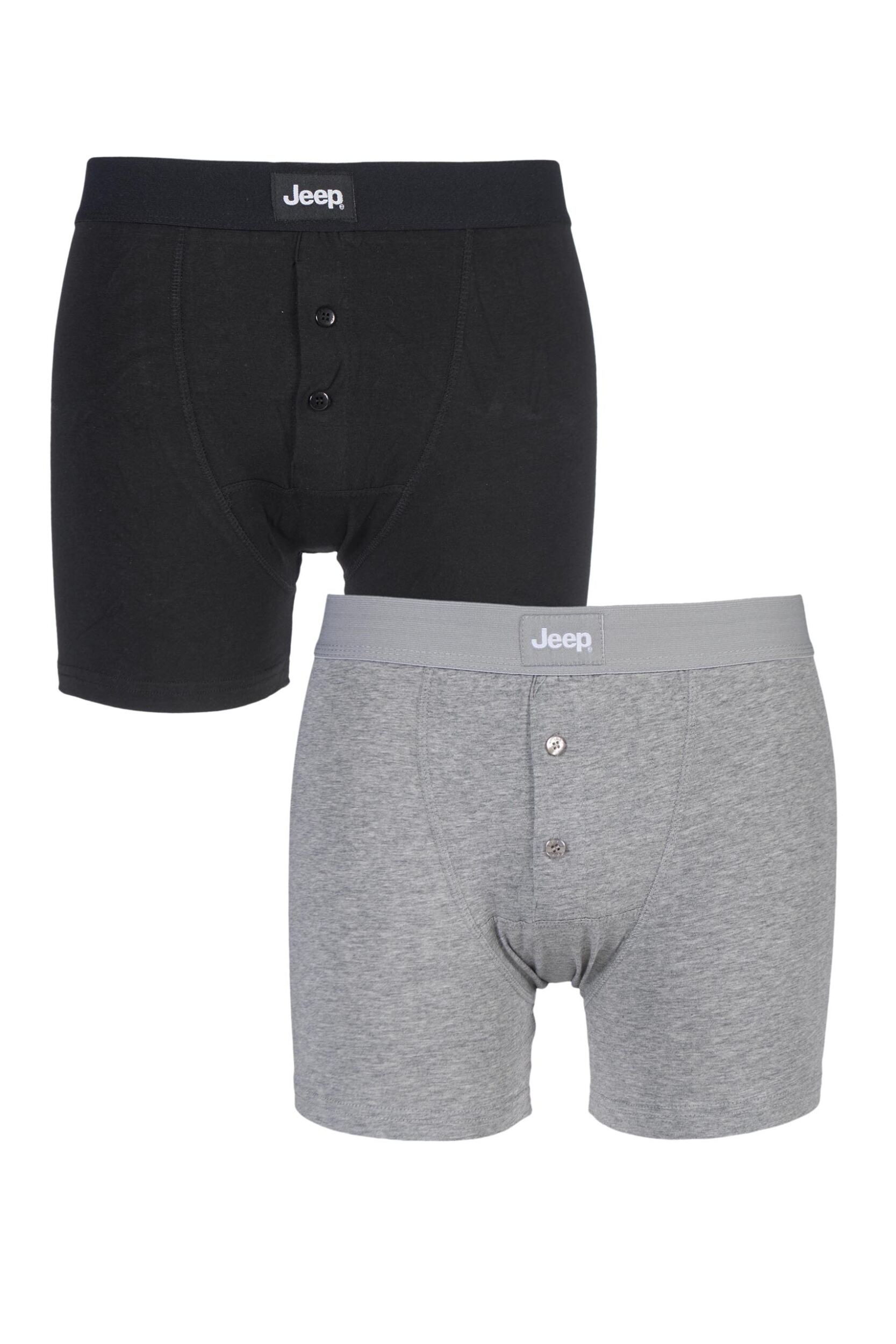 2 Pack Black / Grey Marl Cotton Plain Fitted Button Front Trunk Boxer Shorts Men's Large - Jeep