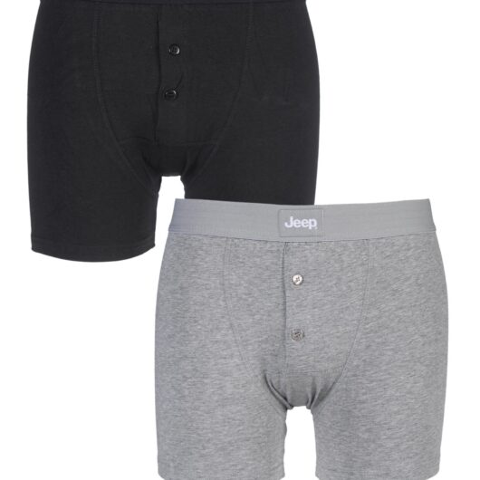 2 Pack Black / Grey Marl Cotton Plain Fitted Button Front Trunk Boxer Shorts Men's Medium - Jeep