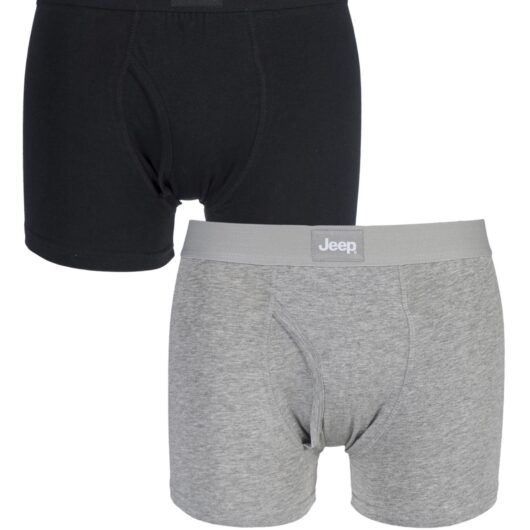 2 Pack Black / Grey Marl Cotton Plain Fitted Key Hole Trunk Boxer Shorts Men's Small - Jeep