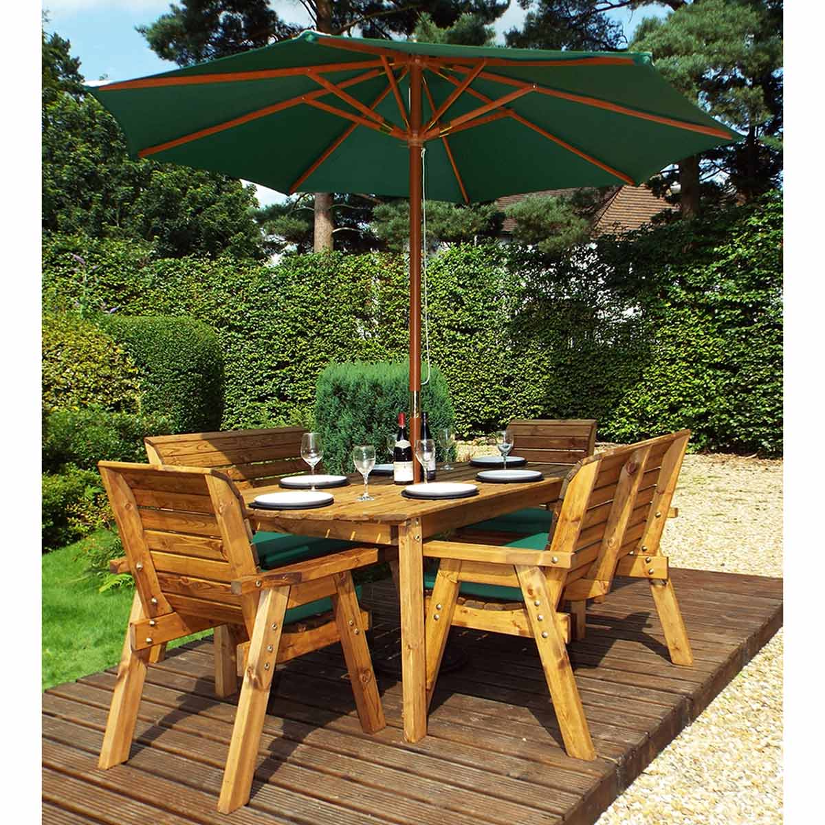 Charles Taylor Six Seater Table Set with Benches and Parasol, Green