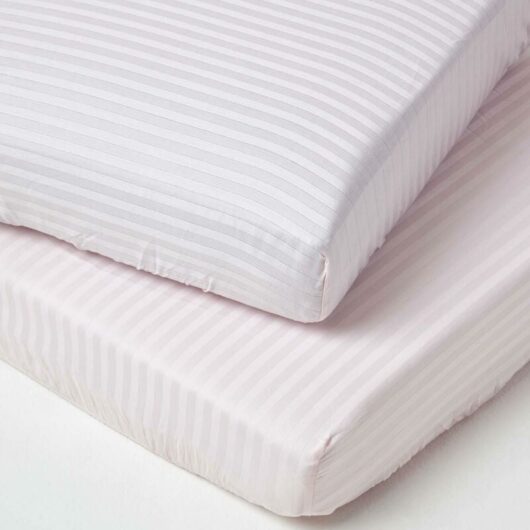 Homescapes - Pink Cotton Stripe Cot Bed Fitted Sheets 330 Thread Count, 2 Pack - Pink - Pink