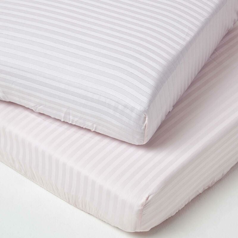 Homescapes - Pink Cotton Stripe Cot Bed Fitted Sheets 330 Thread Count, 2 Pack - Pink - Pink