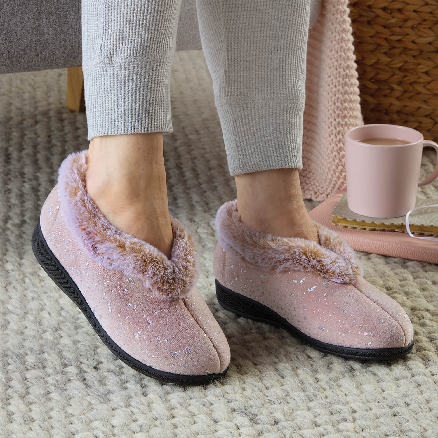 Mink 4 Ee Wide Fit Slippers With Fur Trim