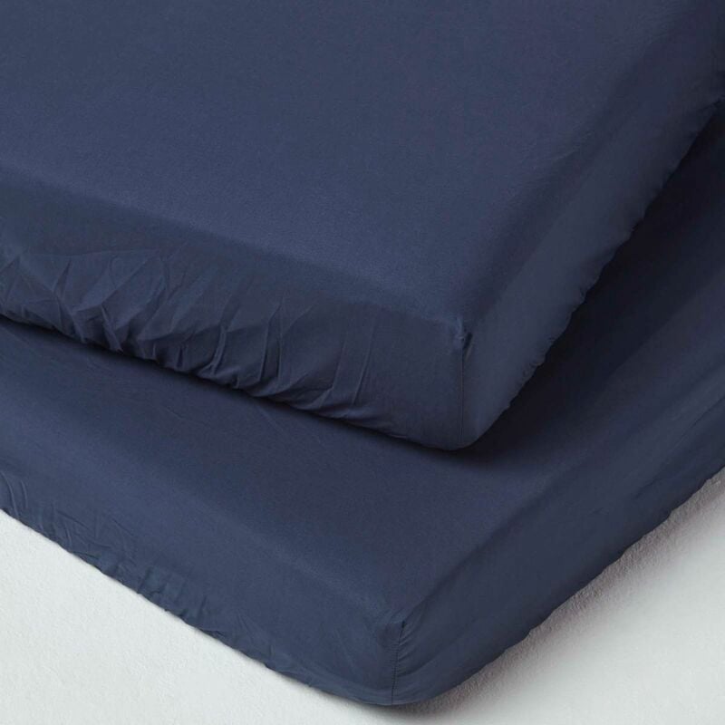 Navy Cotton Fitted Cot Sheets 200 Thread Count, 2 Pack - Navy - Homescapes