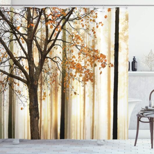 180cm x 180cm, Brown Orange,Autumn Shower Curtain, Tree Abstract Woods, Fabric Bathroom Decor Set with Hooks,