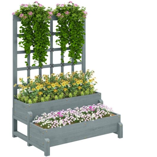 2-Tier Wooden Raised Bed with Trellis and Drainage Holes, Grey - Outsunny