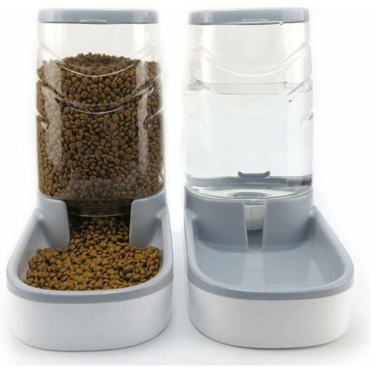 Automatic Cat Dog Food and Water Dispenser, Automatic Fountain Water, Cat Food Dispensers, Pet Bowl, 3.8L (Feeder Set, Grey)