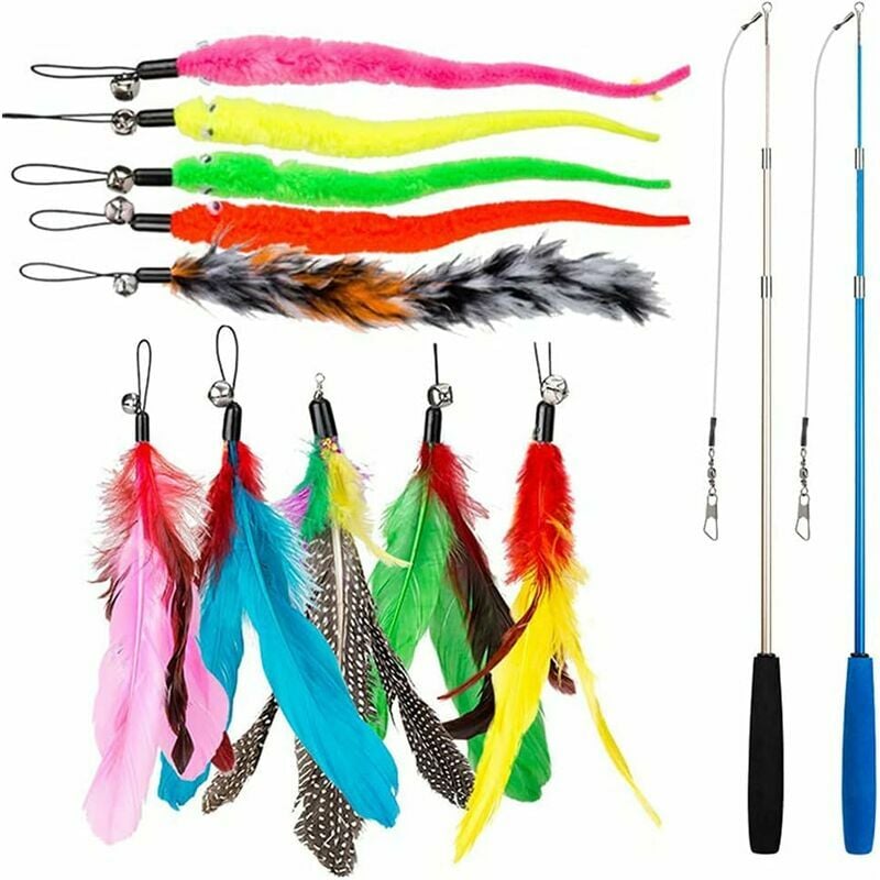 Hoopzi - 12 pcs Cat Feather Toy, Stick Toy Cat Fishing Rod with 2 pcs Interactive Retractable Rod, 10 pcs Replacement Feather with Pendant,