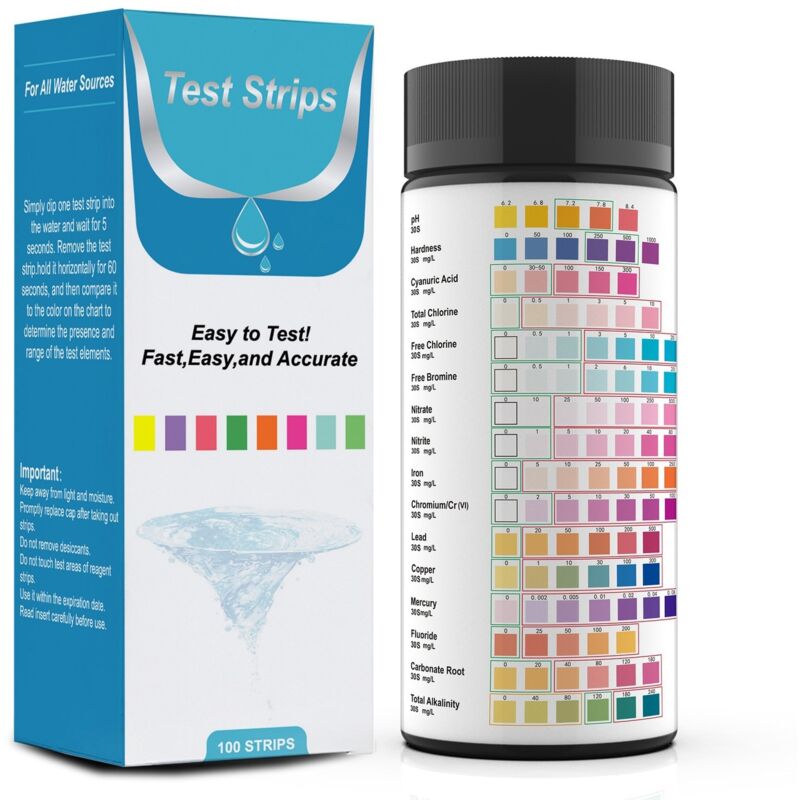 Tinor - Water Quality Test Strips, 100Pcs 16 in 1 Test Strips, Free Chlorine/Total Chlorine/PH/Alkalinity/Hardness/Cyanuric Acid, for Aquariums,