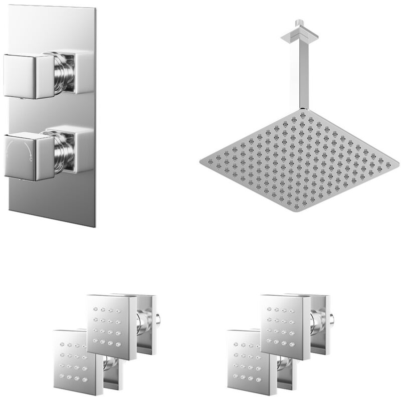 Wholesale Domestic - Cubix Polished Chrome Concealed Twin Thermostatic Shower Valve with Diverter and 300mm Square Head with 300mm Ceiling Arm and 4