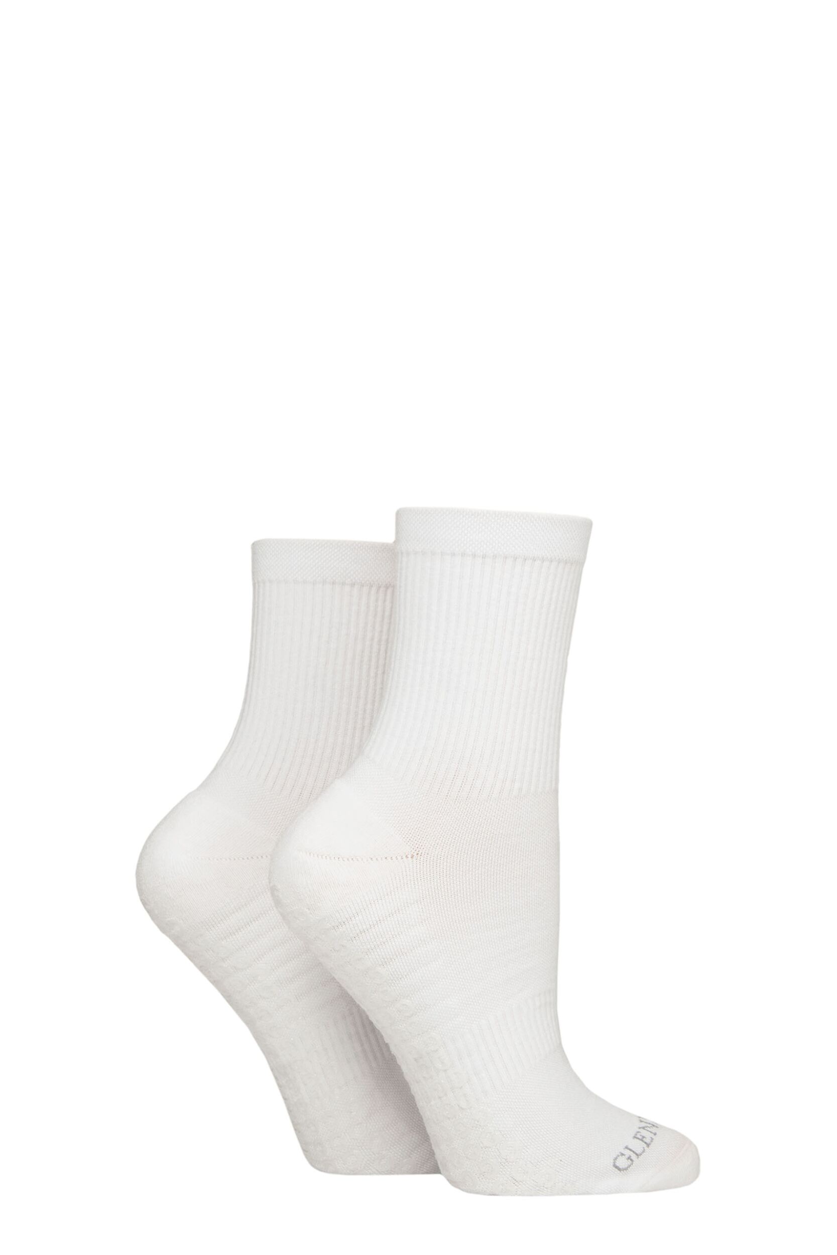Women's 2 Pair Glenmuir Sport Cotton Half Cushioned Mid Length Yoga Socks with Grips White 4-8 Women's