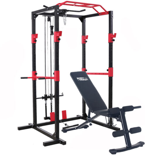 BodyTrain Professional Power Rack with Cable System & Foldable Adjustable Weight Bench Package