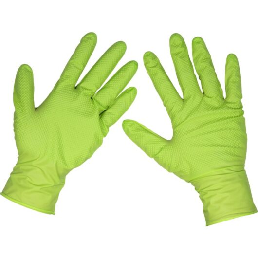 SSP54XL Diamond Grip Extra-Thick Nitrile Powder-Free Gloves, Hi-Vis Green, X-Large - Pack of 50 - Sealey