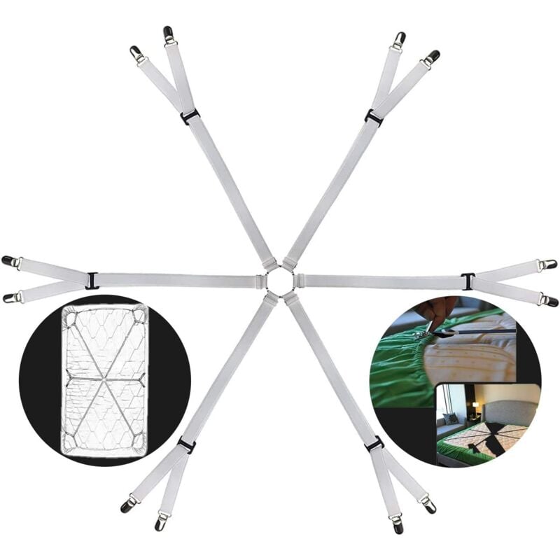 Sheet Fasteners - Adjustable Elastic Bed Sheet Straps for Twin Queen King Size Bed, 6 Way Crisscross Clips, Suspender Bands, Fitted Round and Square