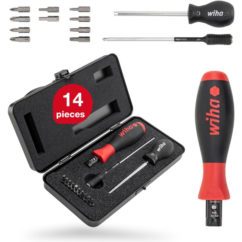 Wiha - torque screwdriver 0.8-5.0 Nm incl. box + bit set TorqueVario® s, 14 pcs., Pozidriv/ torx®/ internal hexagon/ Phillips (26893)