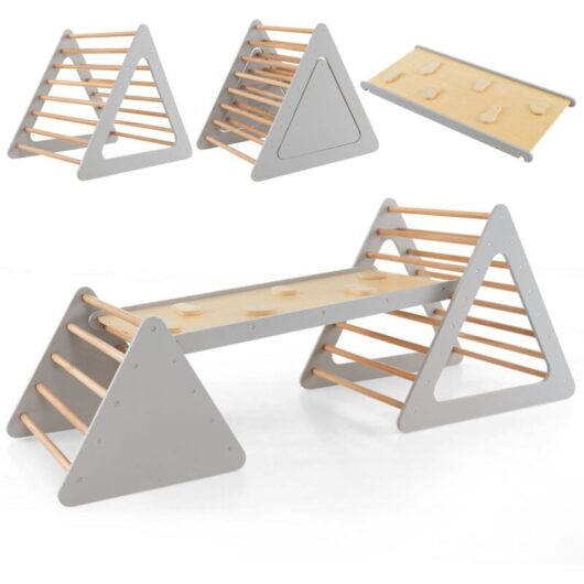 3 in 1 Toddler Climbing Toy Set Wooden Climber Log Bridge Activity Center-Grey