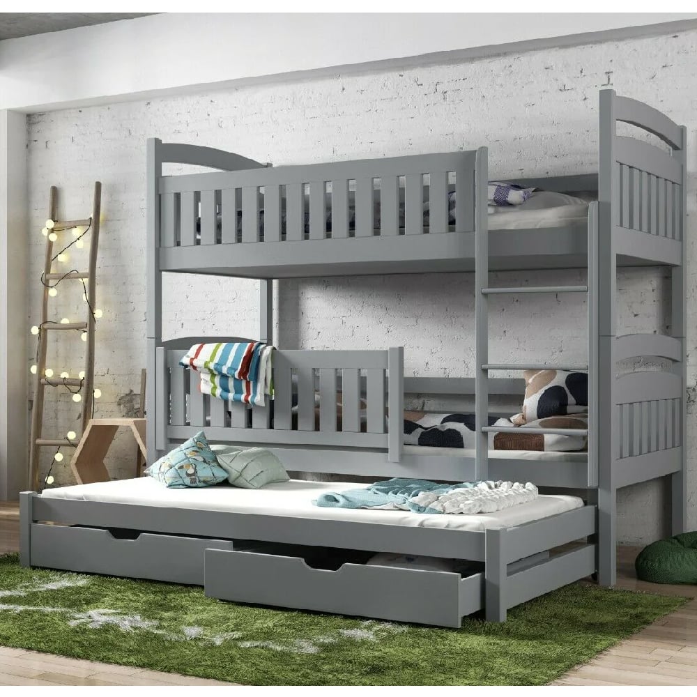 Beckley Wooden Bunk Bed With Foam Mattress Trundle In Grey
