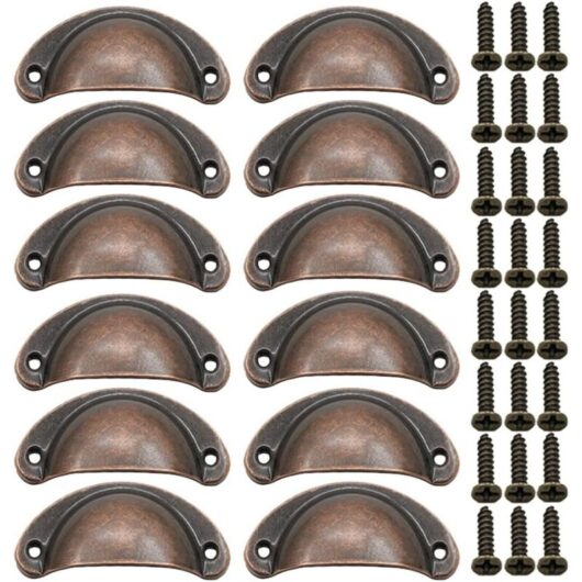 12 Pieces Shell Door Handle, Retro Door Handles, Traditional Half Moon Furniture Handles with Screws, for Drawer, Cabinet, Dresser (Red Bronze)