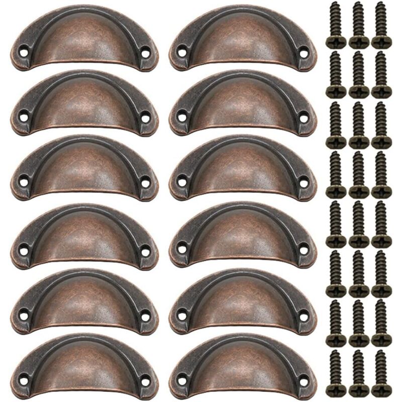 12 Pieces Shell Door Handle, Retro Door Handles, Traditional Half Moon Furniture Handles with Screws, for Drawer, Cabinet, Dresser (Red Bronze)