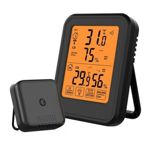 Black Digital Hygrometer Thermometer, Indoor and Outdoor Hygrometer Thermometer with Wireless External Sensor, LCD Backlight °C/°F, Suitable for