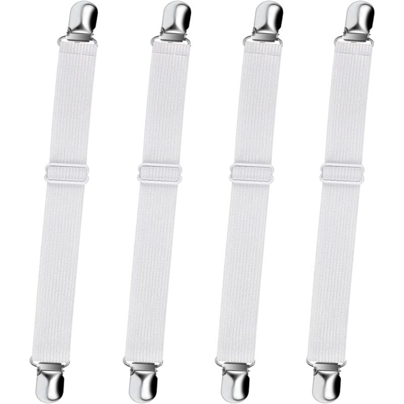 Cyslmuk - 4 Pack Adjustable Fitted Sheet Holders (White), Adjustable Strap Fasteners for Sheets, Sofas and Ironing Board Covers