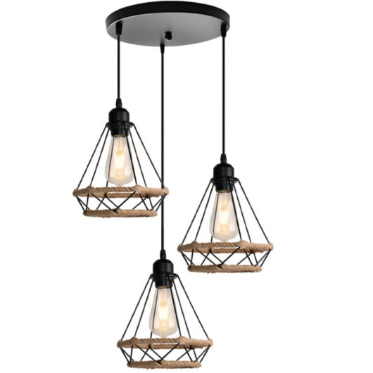 Norcks - 20CM Hemp Rope Ceiling Light Diamond 3 Heads Pendant Light Country Vintage Pendant Lights Retro Industrial Ceiling Light Black