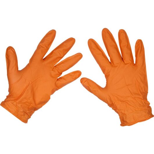 Sealey - SSP56XL Diamond Grip Extra-Thick Nitrile Powder-Free Gloves, Orange, X-Large - Pack of 50