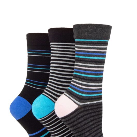 Women's 3 Pair SOCKSHOP Gentle Bamboo Socks with Smooth Toe Seams in Plains and Stripes Black / Grey Stripe 4-8