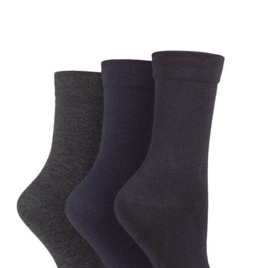 Women's 3 Pair SOCKSHOP Gentle Bamboo Socks with Smooth Toe Seams in Plains and Stripes Black / Navy / Grey 4-8