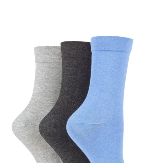 Women's 3 Pair SOCKSHOP Gentle Bamboo Socks with Smooth Toe Seams in Plains and Stripes Blue / Light Grey / Charcoal 4-8 Ladies