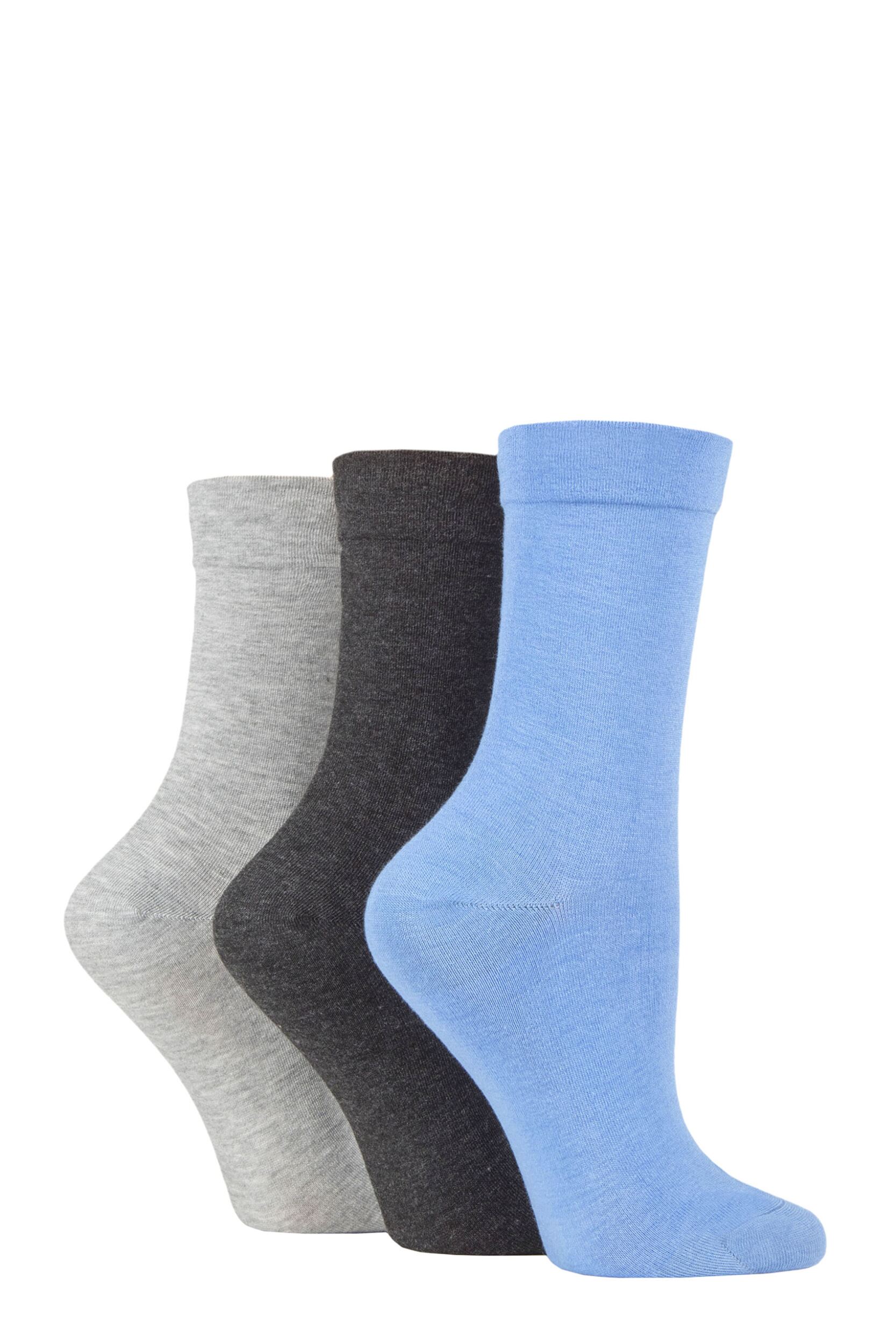 Women's 3 Pair SOCKSHOP Gentle Bamboo Socks with Smooth Toe Seams in Plains and Stripes Blue / Light Grey / Charcoal 4-8 Ladies