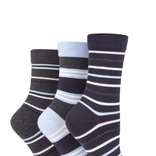Women's 3 Pair SOCKSHOP Gentle Bamboo Socks with Smooth Toe Seams in Plains and Stripes Blue Stripes 4-8