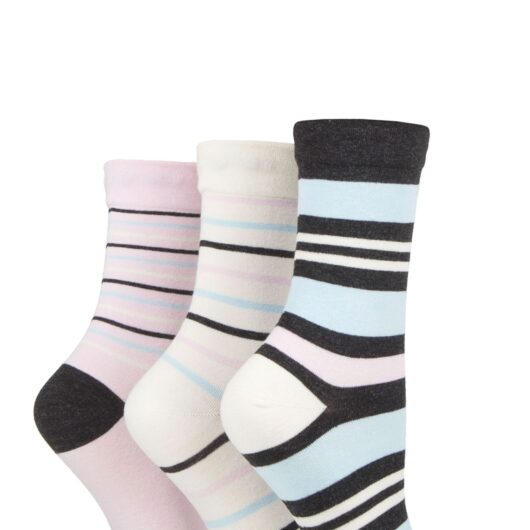Women's 3 Pair SOCKSHOP Gentle Bamboo Socks with Smooth Toe Seams in Plains and Stripes Charcoal Cream Stripe 4-8