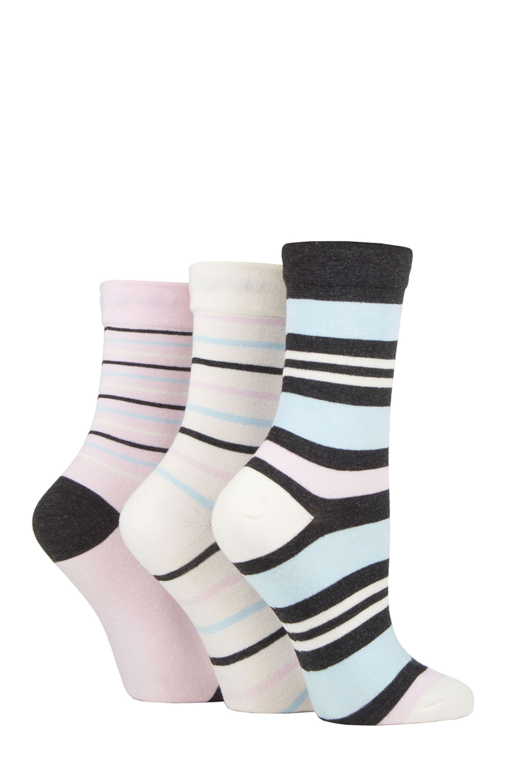 Women's 3 Pair SOCKSHOP Gentle Bamboo Socks with Smooth Toe Seams in Plains and Stripes Charcoal Cream Stripe 4-8