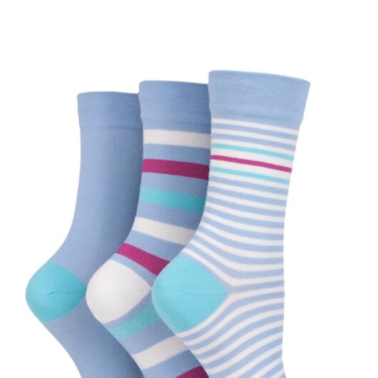 Women's 3 Pair SOCKSHOP Gentle Bamboo Socks with Smooth Toe Seams in Plains and Stripes Cornflower 4-8