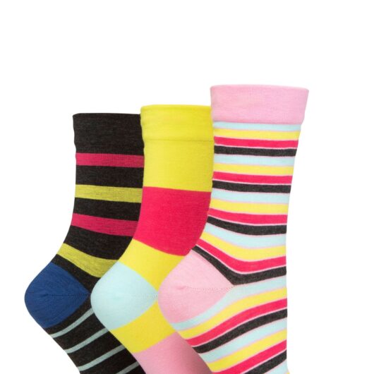 Women's 3 Pair SOCKSHOP Gentle Bamboo Socks with Smooth Toe Seams in Plains and Stripes Lime Refresher 4-8