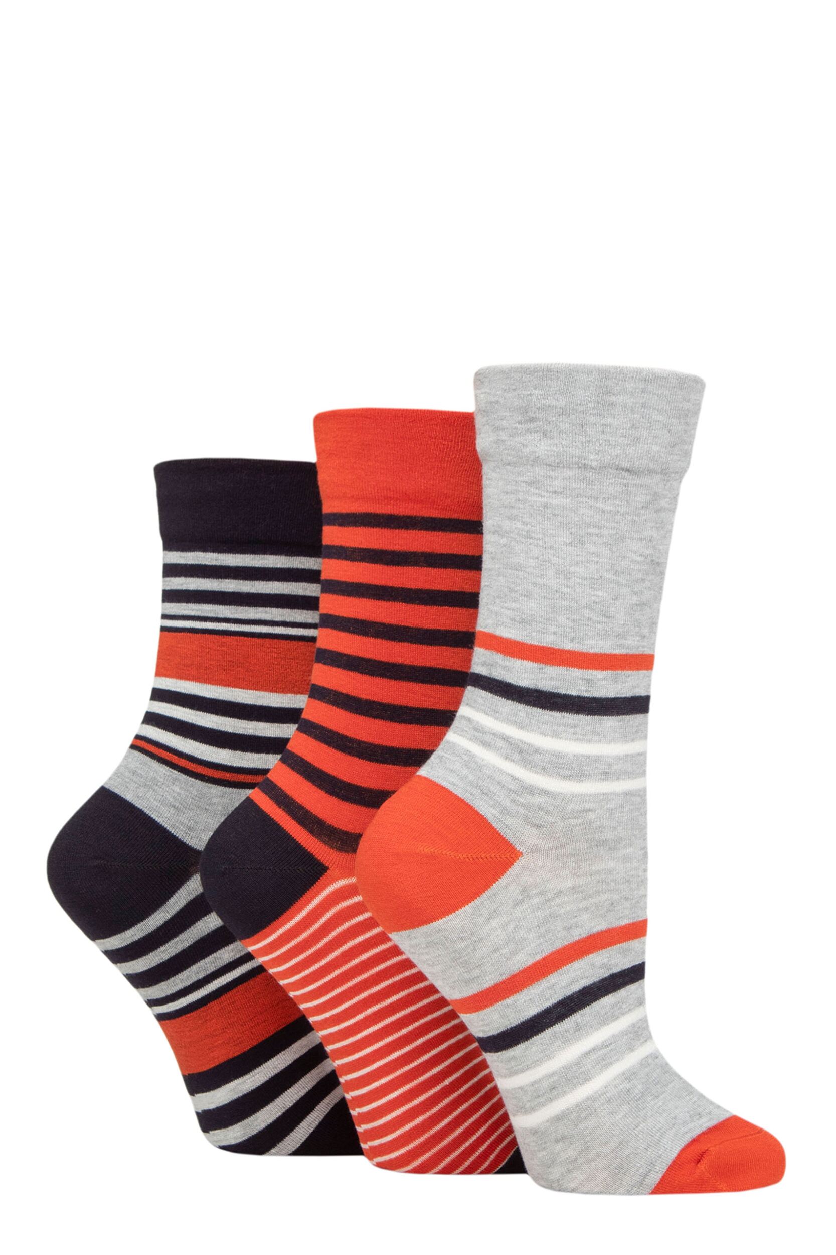 Women's 3 Pair SOCKSHOP Gentle Bamboo Socks with Smooth Toe Seams in Plains and Stripes Navy / Rust 4-8