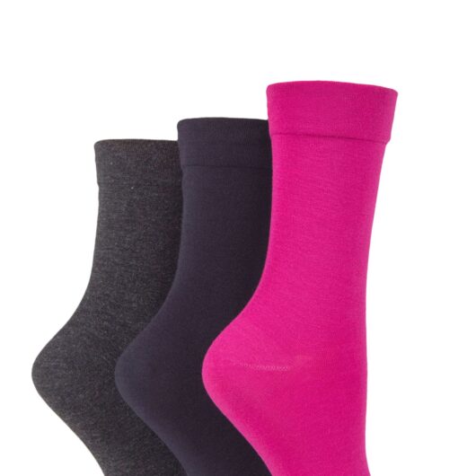 Women's 3 Pair SOCKSHOP Gentle Bamboo Socks with Smooth Toe Seams in Plains and Stripes Pink / Charcoal / Navy 4-8 Ladies