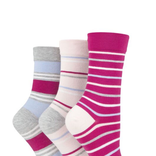 Women's 3 Pair SOCKSHOP Gentle Bamboo Socks with Smooth Toe Seams in Plains and Stripes Pink Stripes 4-8