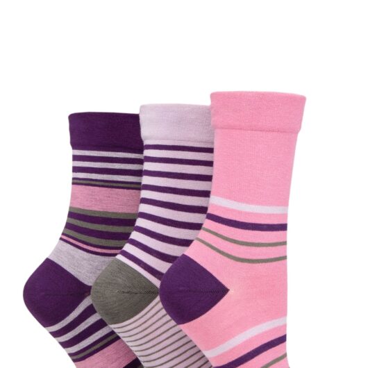 Women's 3 Pair SOCKSHOP Gentle Bamboo Socks with Smooth Toe Seams in Plains and Stripes Royal Purple 4-8