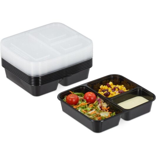 20 x meal prep boxes, 3 compartments, 1000 ml, microwave-safe, reusable food containers, black, set