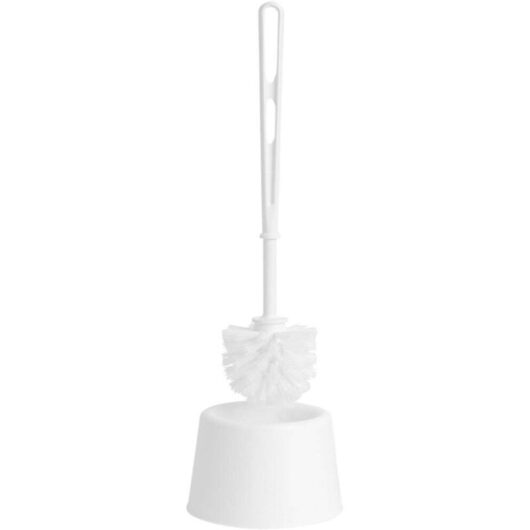 1 x White Plastic Toilet Brush Set With Holder & Handle