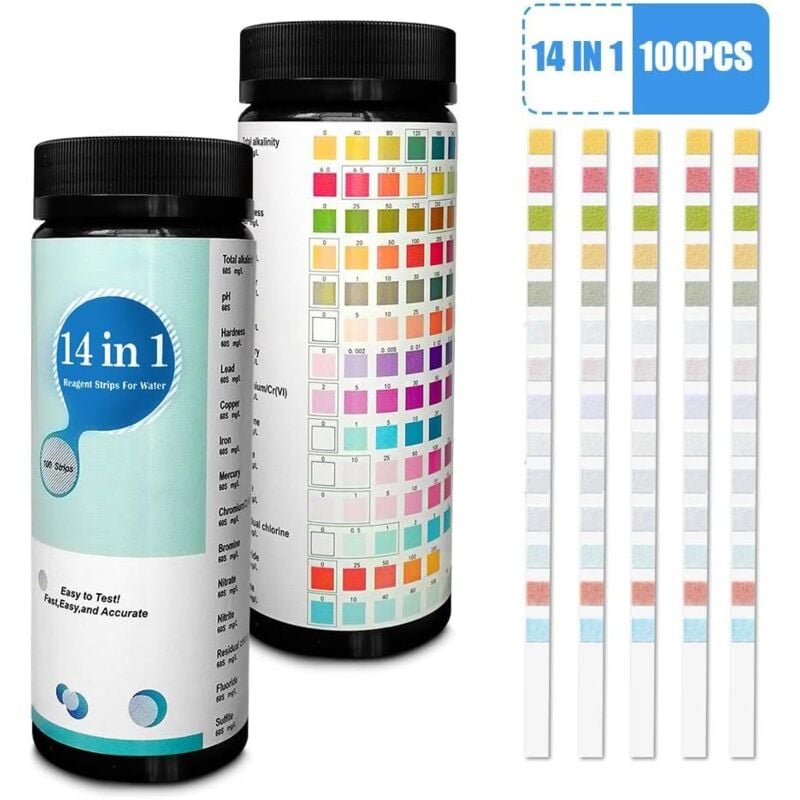 100 Pack 14-in-1 Water Test Strips for Drinking Water and Tap Water, Easy and Fast Detection of Hardness, pH, Bromine, Nitrate and More