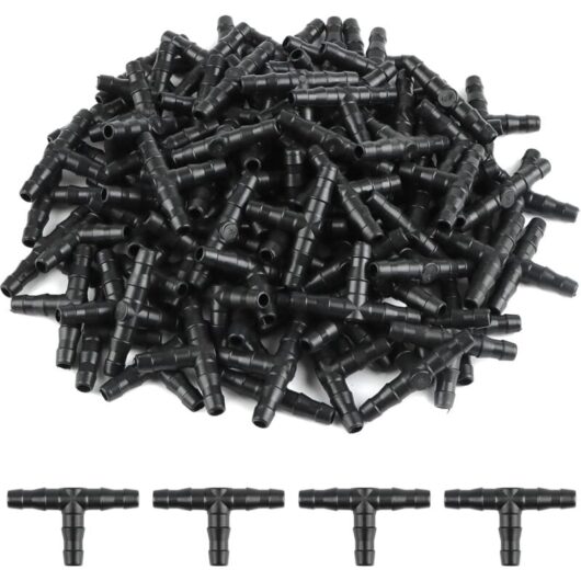 100Pcs Tee Pipe Fitting 4/7mm- T Fitting Connector PVC Watering Atomizing Nozzle Drip Micro Spray Irrigation Joint for Hose Automatic Systems Tool