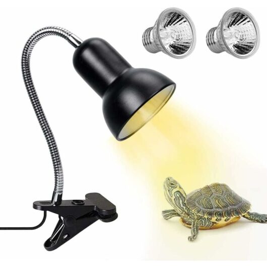 1Turtle Heat Lamp, 2 uva uvb Bulbs 50W Reptile Heat Lamp with Stand Terrarium Lamp with 360° Swivel ClampTurtle Lighting for Reptiles, Amphibians,