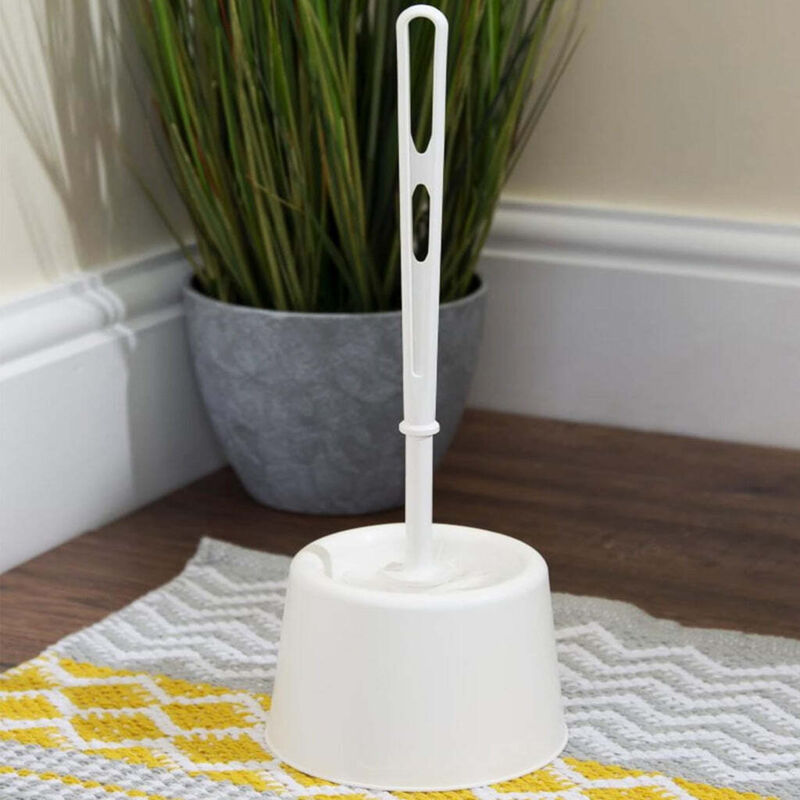 2 x White Plastic Toilet Brush Set With Holder & Handle