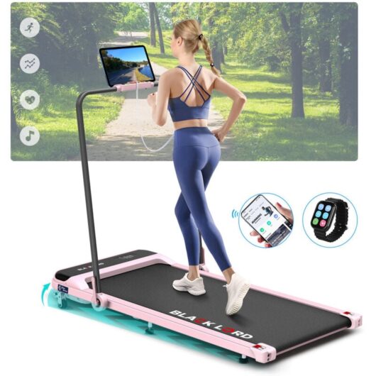 Walking Pad, Foldable Treadmill for Home with 2-level Incline, led Display & Bluetooth Speaker & Wireless Control - Pink - Black Lord