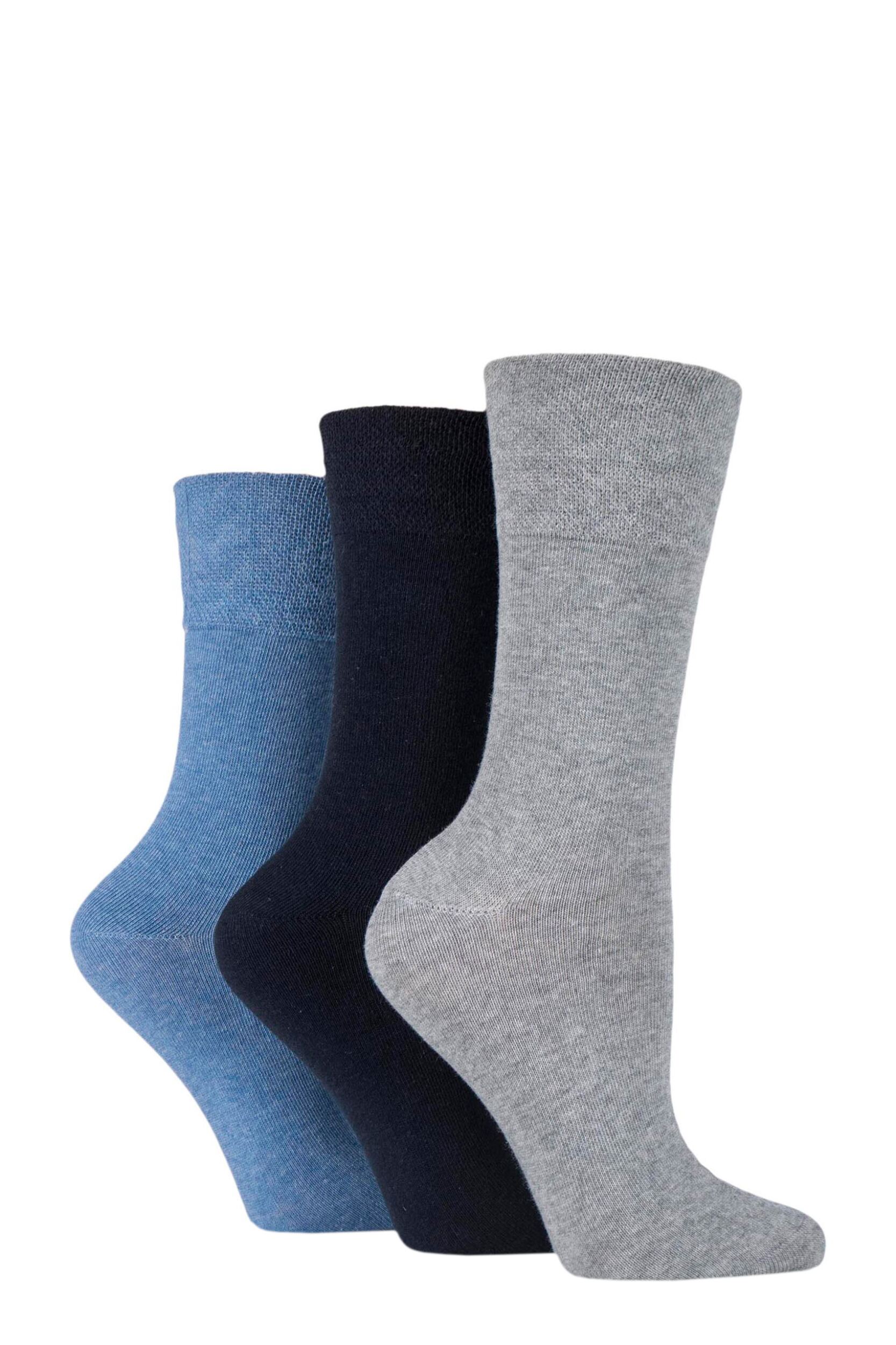 Women's 3 Pair IOMI FootNurse Gentle Grip Bamboo Diabetic Socks Blue / Grey 4-8