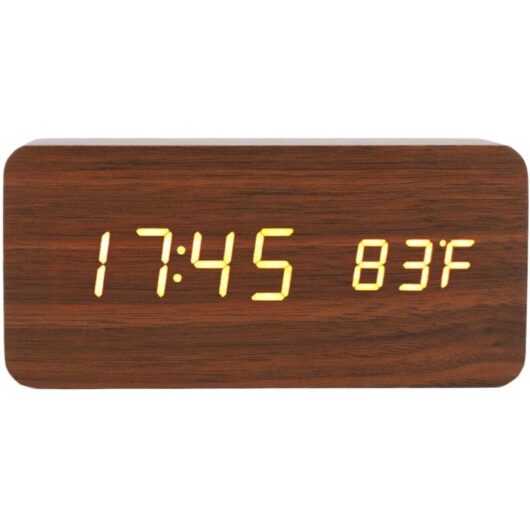 Wooden Digital Alarm Clock, Large LED Display Bedside Clock 3 Brightness Levels with Temperature and Humidity Display for Bedroom, Office, Nightstand